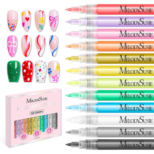 MelodySusie Nail Art Pens Set, 12 Colors 0.7MM Nail Polish Pens for Nail Art, Nail Dotting Tool, Drawing Pen for Nail Design, Manicure Nail Pens for Salon and DIY at Home