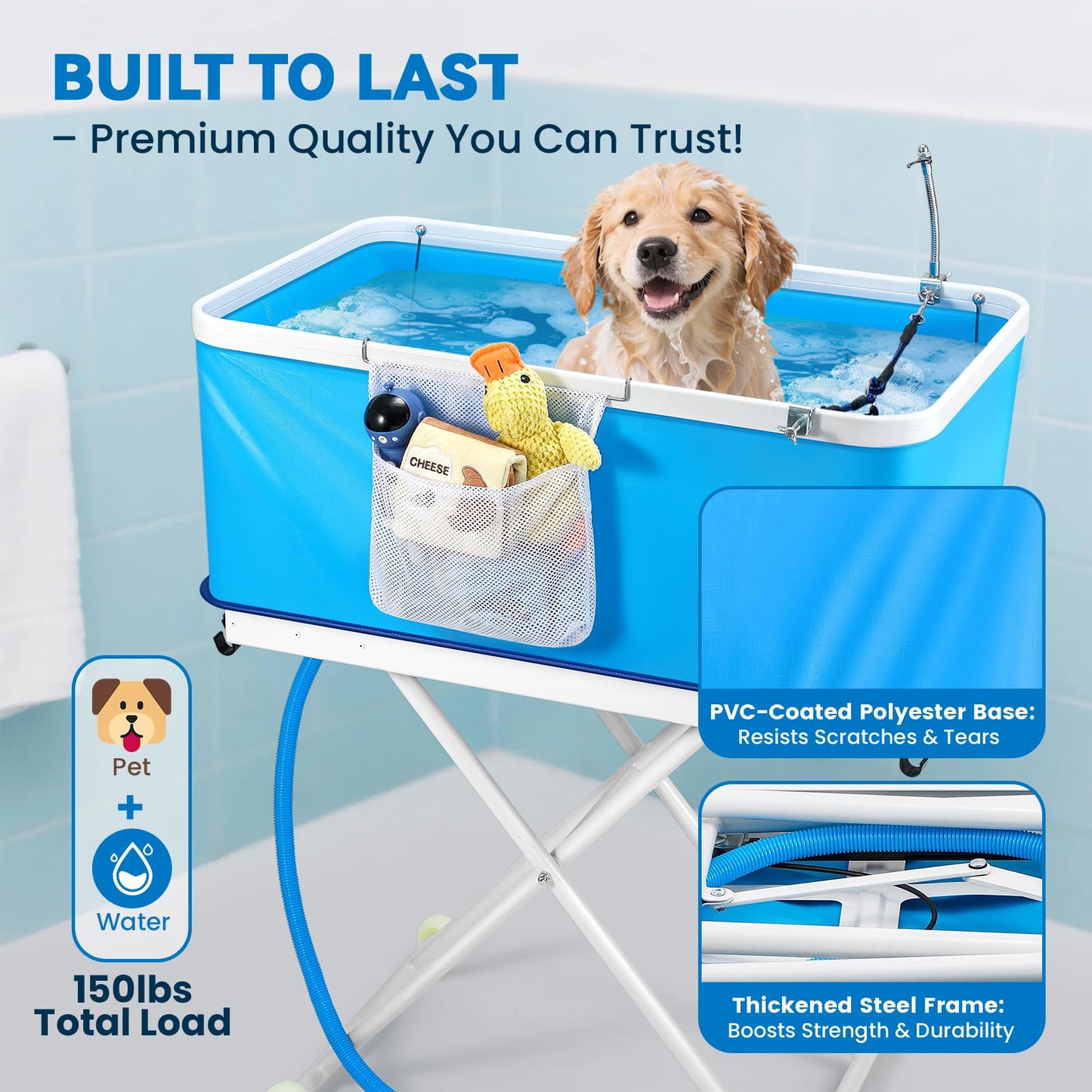 Proshine Foldable Dog Bathing Tub with Wheels, Adjustable Height 0-26.8" Pet Wash Station, Portable Dog Bath Tub for Large Dogs Up to 90lbs, with Drain & Storage Bag