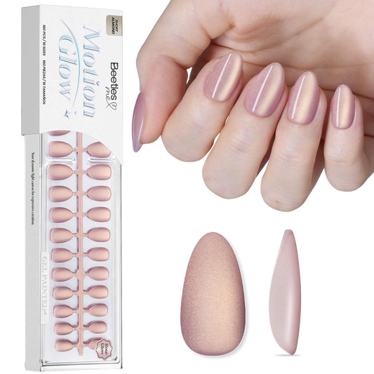 Beetles Motion Glow Nail Tips, 160PCS, 16 Sizes Short Almond Nail Tips, Cat Eye Magnet Full Cover Soft Nail Gel Fake Nails, Salon-Gel Look for DIY Manicure Rose Glow