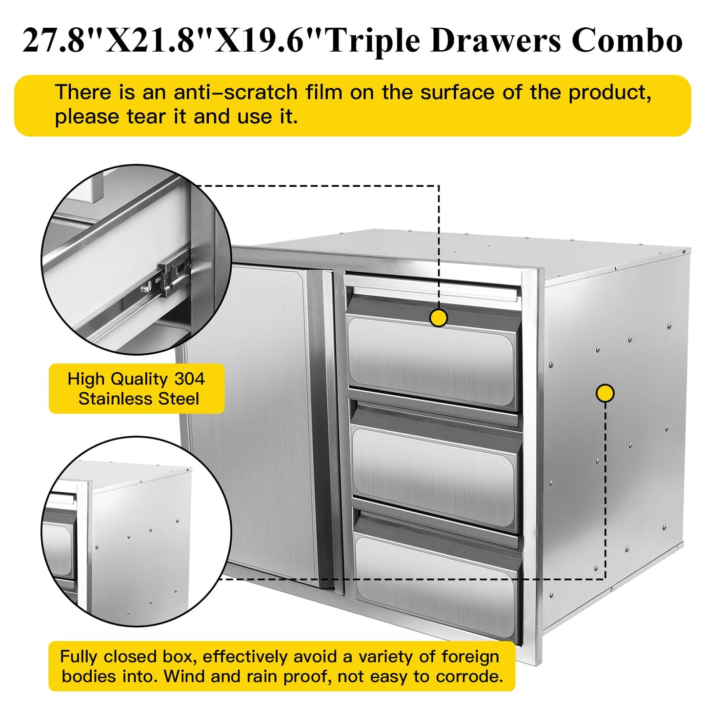 Outdoor Kitchen Drawer Combo, Stainless Steel Sealed Storage Combo with Triple Drawer, Outdoor Kitchen for BBQ Island, Grilling Station, Outside Cabinet (27.8" W x 21.8" D x 19.6" H)（Right Drawer）