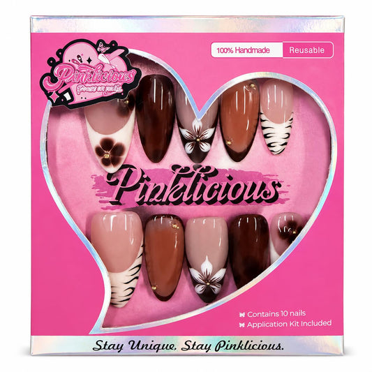 Pinklicious Press-On Nails Set (10-Pack) | Acrylic/UV Gel Coffin Shape Nails | 25mm Reusable Handmade Manicure Kit with Floral & Ombre Designs (Multicolor, M)