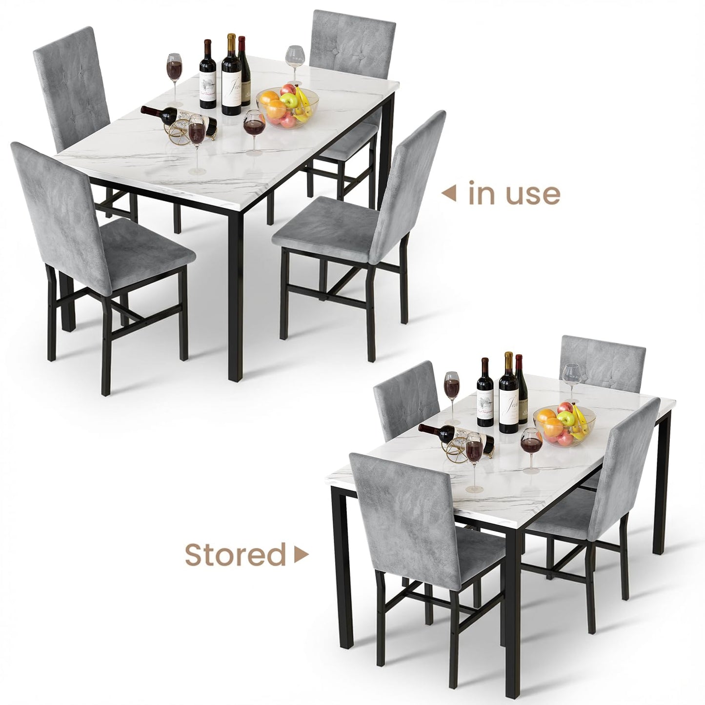 Hooseng Dining Room Table Set 5 Piece Dining Table Set Marble Dining Table 4 Chair Dining Table Set for Kitchen Living Room Breakfast Small Spaces (White & Grey)