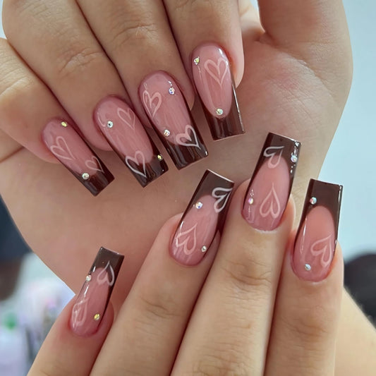 BABALAL Fall French Tip Art Nails Medium Square 24Pcs Squoval Manicure False - Brown Glue on Shiny Acrylic Heart Rhinestone Design Cute Nails for Women & Girls