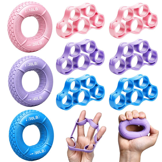 TEAWOO 9-Pack Grip Strength Trainer Kit, 3 Colors Forearm Strengthener & Hand Grip Strengthener, Finger Exerciser & Stretcher for Strength Training, Recovery & Flexibility