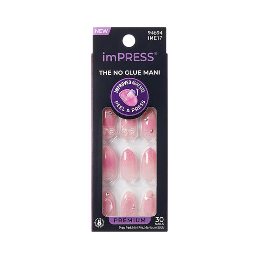 Kiss Impress No Glue Mani Press On Nails, Design, 'Venus', Pink, Medium Size, Almond Shape, Includes 30 Nails, Prep Pad, Instructions Sheet, 1 Manicure Stick, 1 Mini File