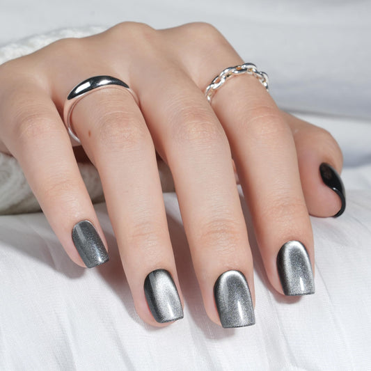Cat Eye Black Press On Nails Square - Silver Short Square Fake Nails with Nail Glue, Black Goth Cateye Press On Nails Reusable Stick On Nails in 15 Sizes - 30 Nail Kit for Women | Salon Quality