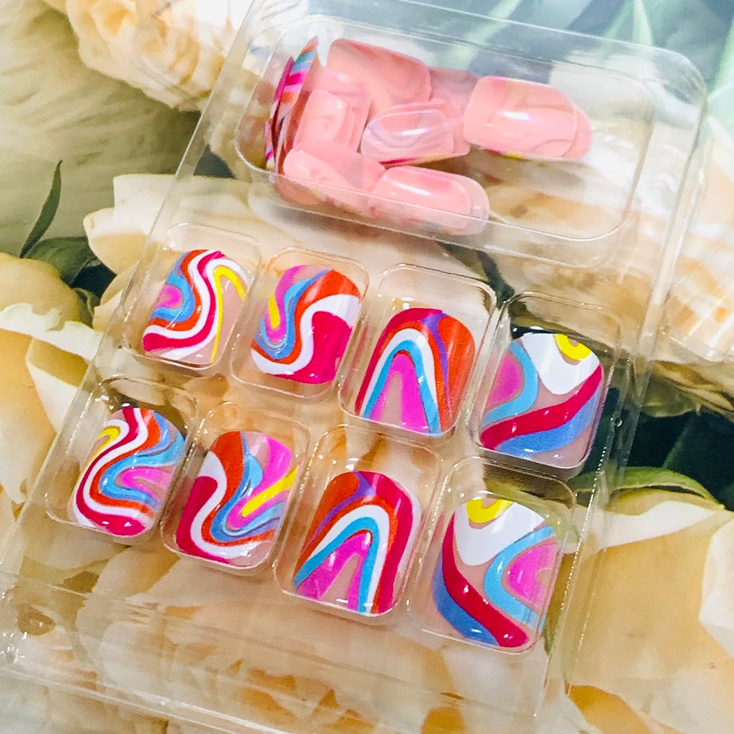 Vezocim Press on Nails Square Short 24Pcs Press on Nails with Colorful Wavy Line Designs Glossy Full Cover Acrylic Extra Short Coffin False Nails Glue ons Fingernails Artificial Fake Nails for Women