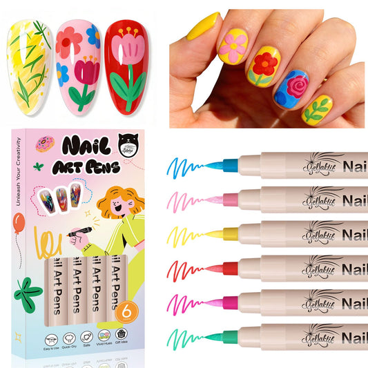 6 Colors Nail Art Pens Set, Spring Neon 3D Nail Polish Pens 0.7mm, Quick-Drying Acrylic Paint Markers, Dotting Liner Brush for DIY Nail Design, Home & Salon Manicure Tools Beginners Gifts