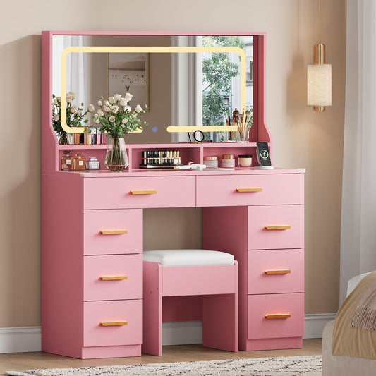 GAOMON Makeup Vanity Desk with Large Lighted Mirror, Vanity Desk with Glass Tabletop, 8 Drawers & 3 Storage Shelves, Vanity Set with Built-in Power Outlet for Bedroom & Dressing Area, Pink