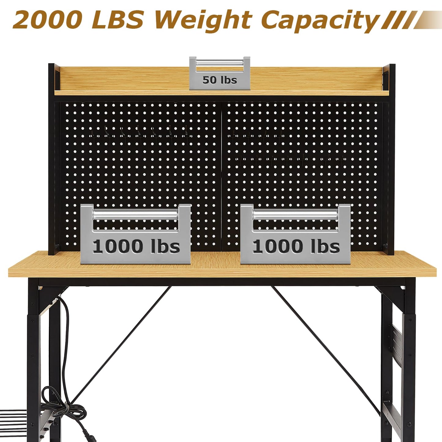48" Adjustable Height Workbench with Pegboard, Work Benches for Garage, Heavy Duty Wood Top Work Bench with Wheels, 2000 LBS Load Capacity, Rolling Work Table with AC/USB Outlet Storage Shelf Hooks