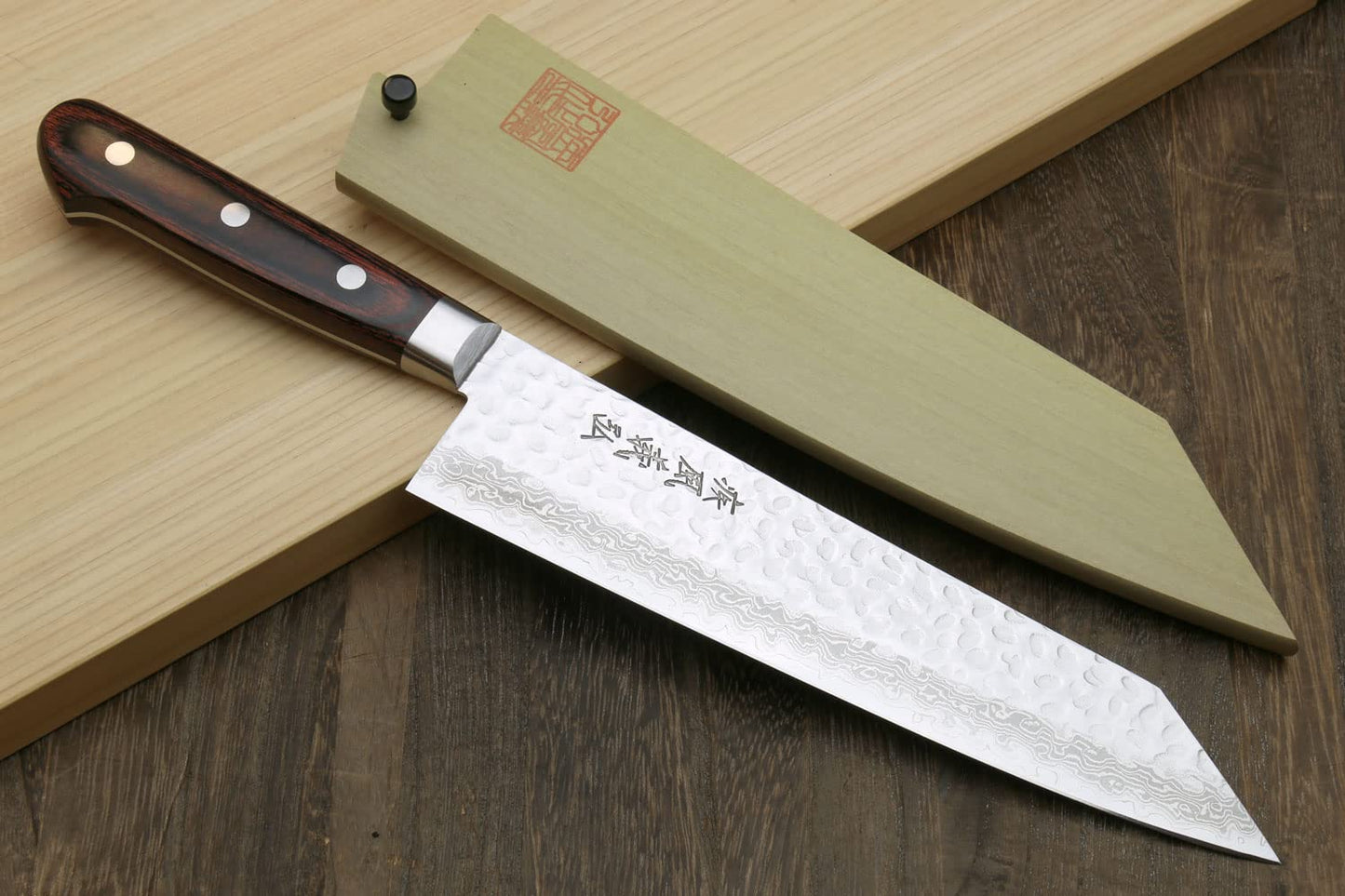 Yoshihiro VG10 Hammered Damascus Kiritsuke Sword Tip Multipurpose Japanese Chef Knife 8.25 inch - Western Style Mahogany Handle (with Magnolia Saya Cover)