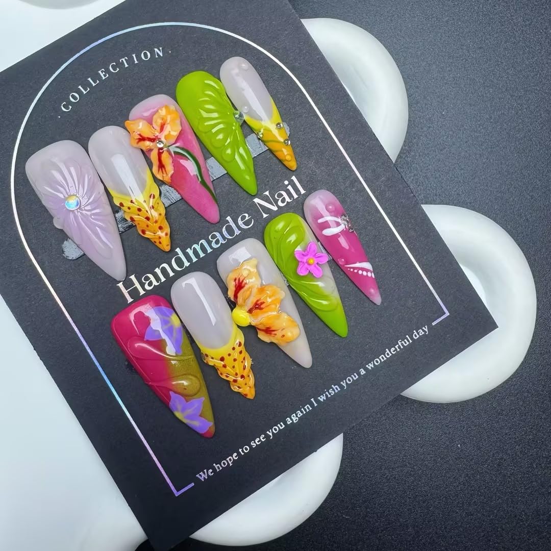 Press on Nails Handmade Stiletto Almond Shaped Medium False Nails Luxury 3D Flower and Droplet Design Full Cover French Tip Muti-Layer Gel Fake Nail Colorful Stick on Nails for Women DIY Nail Art（M)