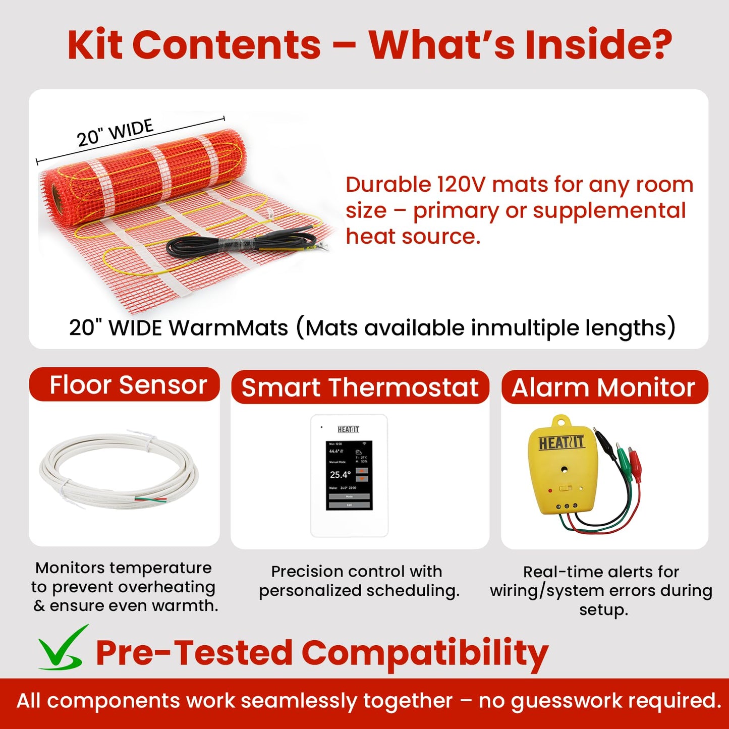 90 sqft HEATIT Warmmat Electric Radiant Self-adhesive Floor Heat Heating System & ET-7AW Thermostat & Alarm Monitor