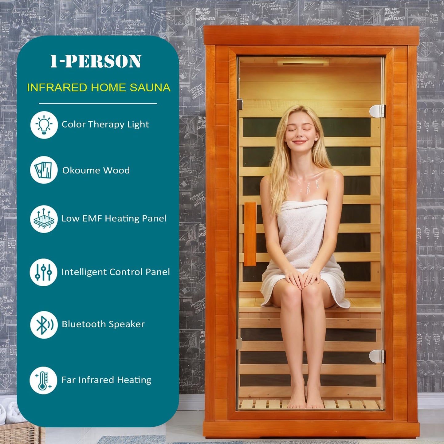 AWUCRSI 1-Person Infrared Saunas for Home,7 Low EMF Carbon Fiber Heating Panels,Okoume Wood with Tempered Glass Door,Red Light Therapy,Bluetooth Speaker,7 Color Chromotherapy Light,31.5"x31.5"x63.3"