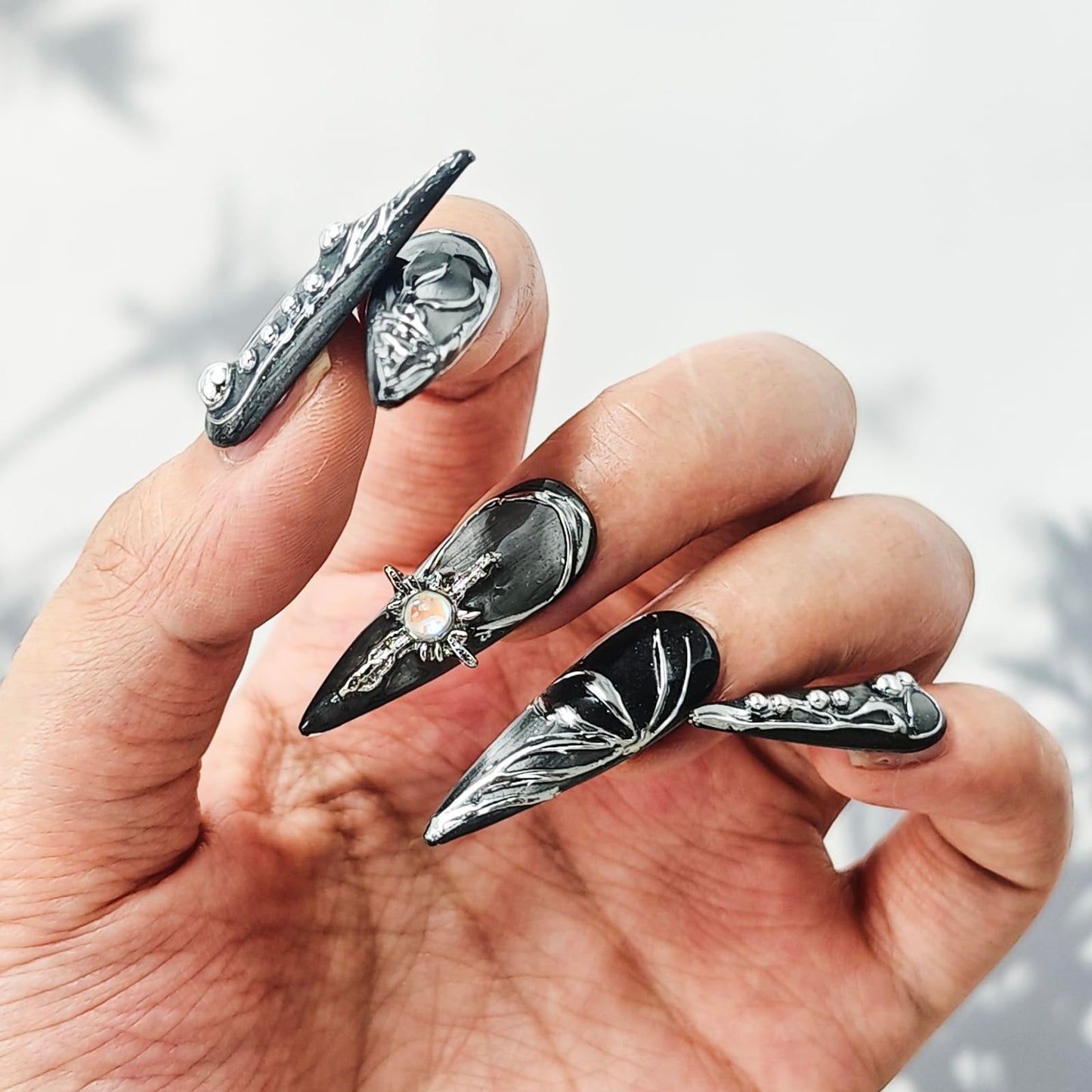 10Pcs Sliver Handmade Press on Nails Long Stiletto Fake Nails Halloween False Nails Muti-Layer Gel Acrylic Nails Press ons Handmade Stiletto Nail Full Cover Holiday Stick on Nail for Women (S)