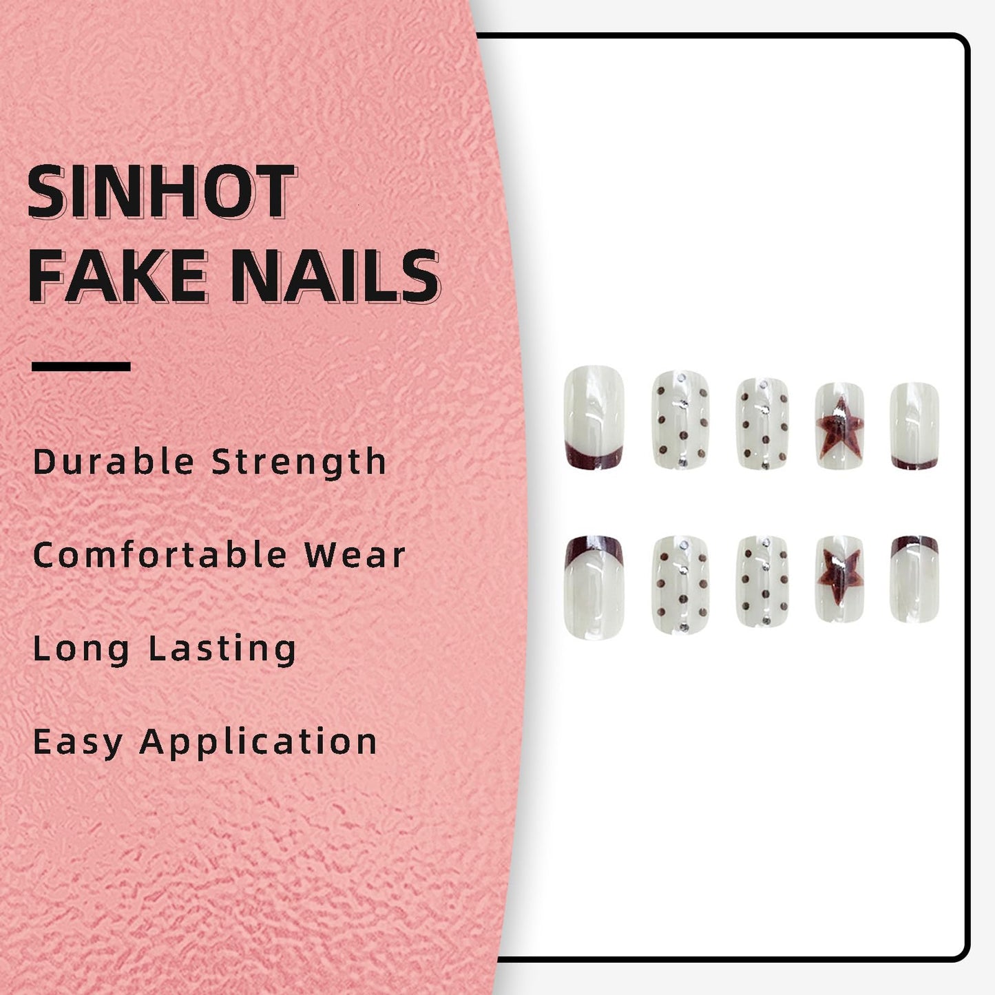 SINHOT Coffin Press on Nails - Medium Fake Nails, Glossy Finish, Polka Dot & Brown Star, Reusable Artificial False Nail Art - 24 Pcs Nail Kit with Glue