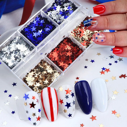 6Grid Independence Day Colorful Star Nail Glitter with Sparkle Kit - Mini Five-Pointed Star Nail Sequins Holographic Shiny Pentagram Nail Glitters Flakes DIY US 4th of July French for Women Nail Arts