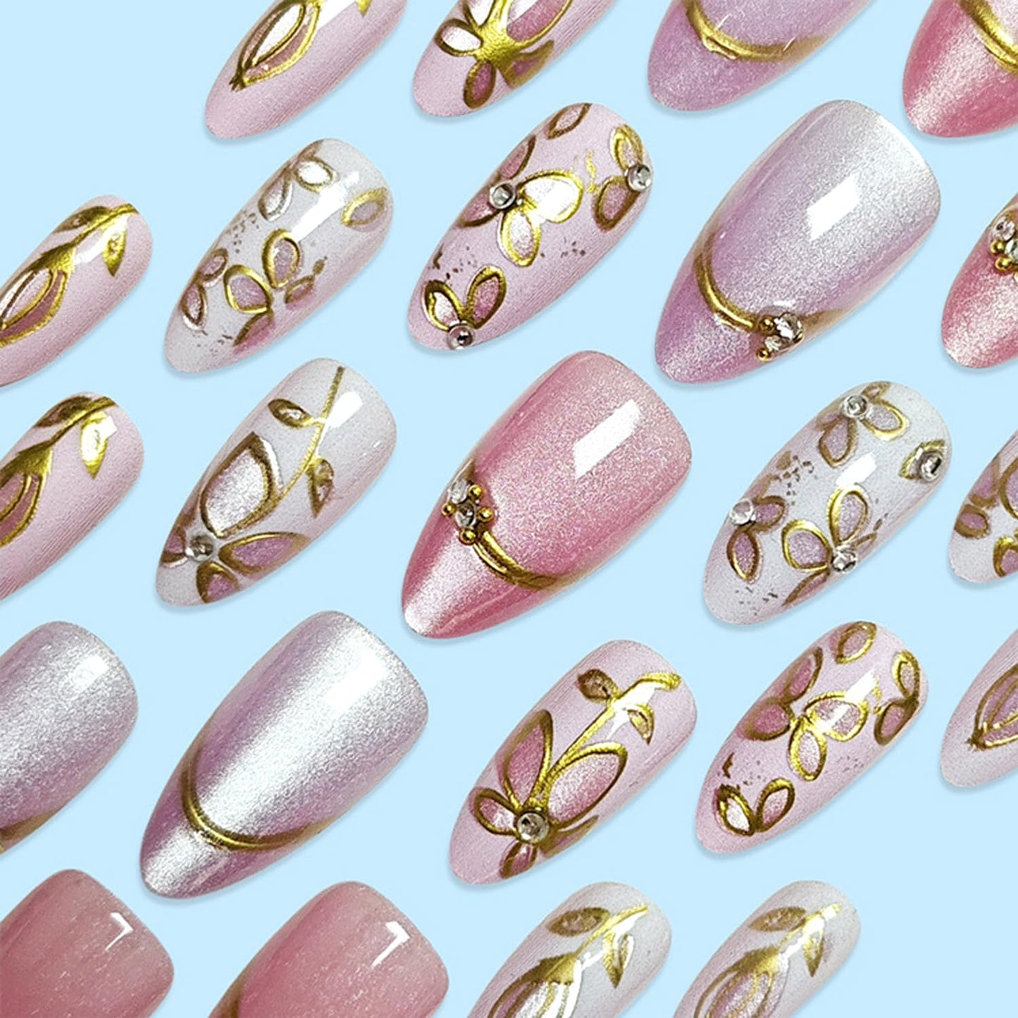 24Pcs Cute Flower Press on Nails Short Almond Fake Nails 3D Pink Purple Floral False Nails with Rhinestone Charms Design Nail Gilded French Tip Artificial Nail Glitter Full Cover Nails for Women