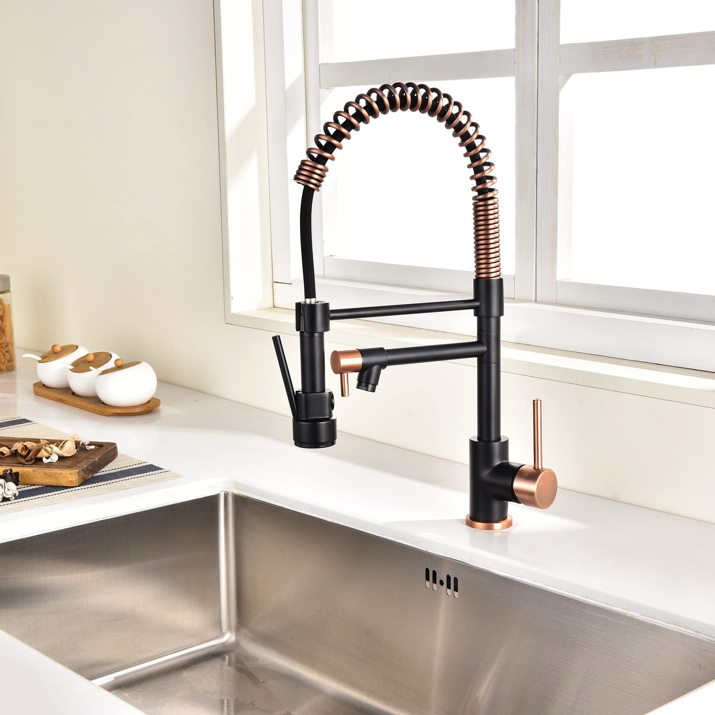Avola Copper & Black Spring High Arc Kitchen Faucet,Stainless Steel Pull Down Sprayer Faucets,Kitchen Sink Faucet Single Handle Spring Two Nozzles Faucets, Suitable for RV, Bar & Laundry