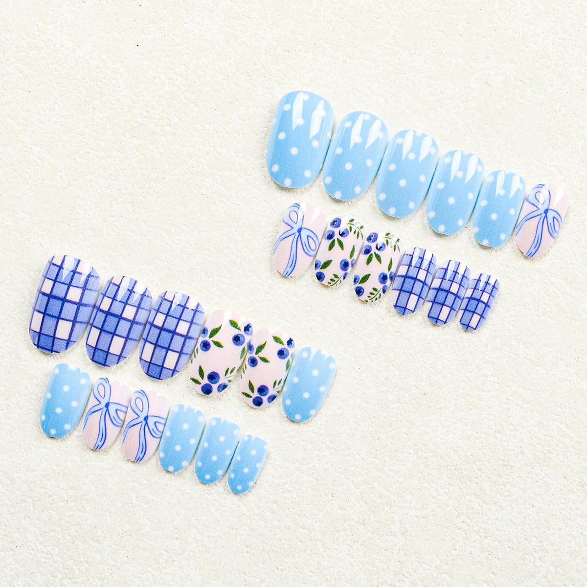 Spring Press on False Nails Polka Dot Fake Nails Blue Short Oval Glue on Nails with Blueberry Checkered Bow Designs Glossy Press ons Stick on Nail for Women Manicure 24Pcs