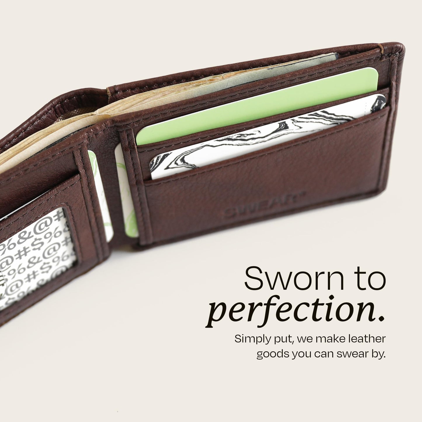Swear Brands Full-Grain Leather Wallet | Slim RFID Blocking Bifold Design with Cash Pocket & Card Pull Strap | Holds 1-12 Cards | Stylish & Durable (Walnut)