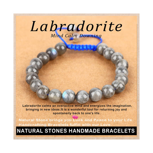 AD Beads 8mm Labradorite Bracelet - Stone of Mind Calm Downing - Handmade Natural Stone Crystal Bracelet with Adjustable Macrame String - Yoga Healing Power Energy Gifts for Men and Women