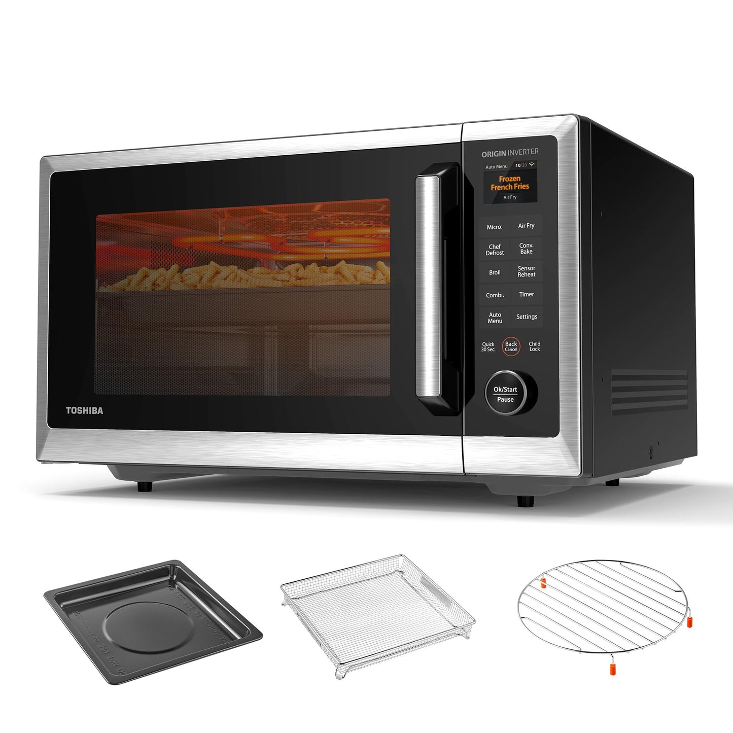 TOSHIBA OptiChef Air Fryer Combo Countertop Microwave Oven with 2.4-Inch Color Screen, Origin Inverter Technology, Smart Sensor, Compatible with Alexa, 1100W, 1.3 Cu.Ft, Silver ML2-STC13SAIT(SS)