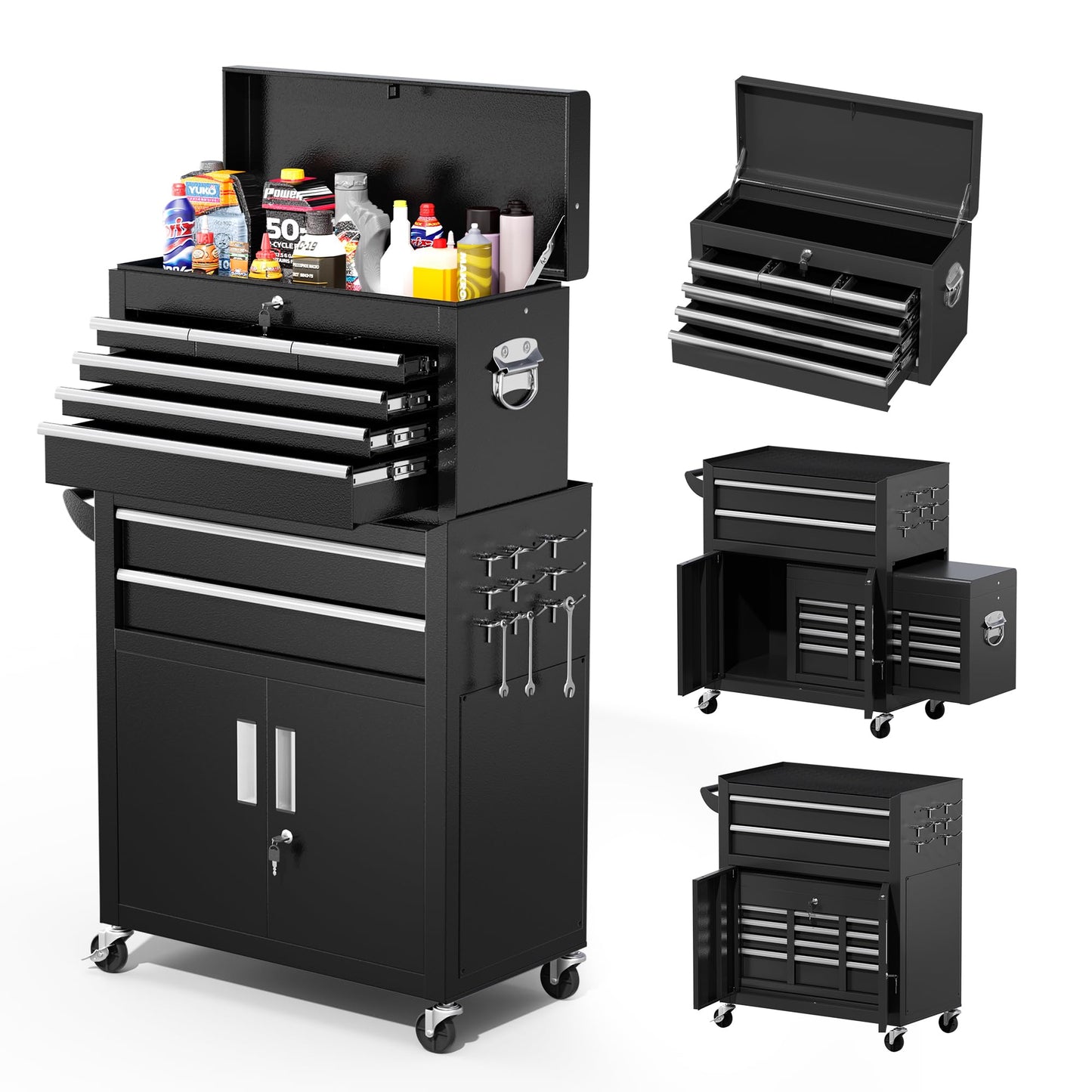 Greenvelly Metal Tool Chest,8-Drawer Rolling Tool Cart with Wheels,2 in 1 Detachable Tool Cabinets,Tool Box,Liners and Locking System for Garage,Warehouse,Workshop, Barbershop(Black)