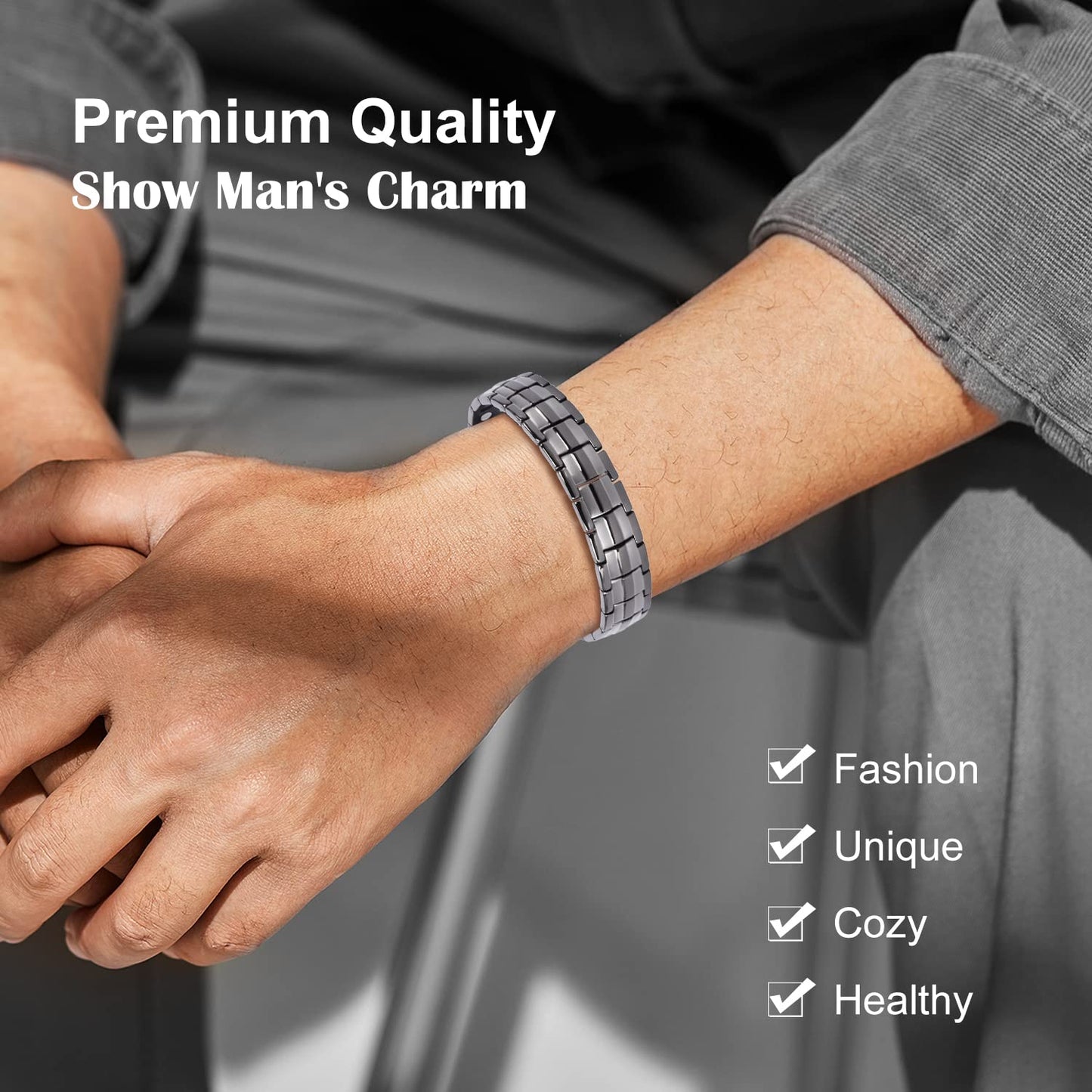 JEROOT Magnetic Bracelets for Men, Pure Titanium Bracelet (3500Gauss Per Magnet), Men's Bracelet Lymphatic Jewelry Gifts (Gray-2)