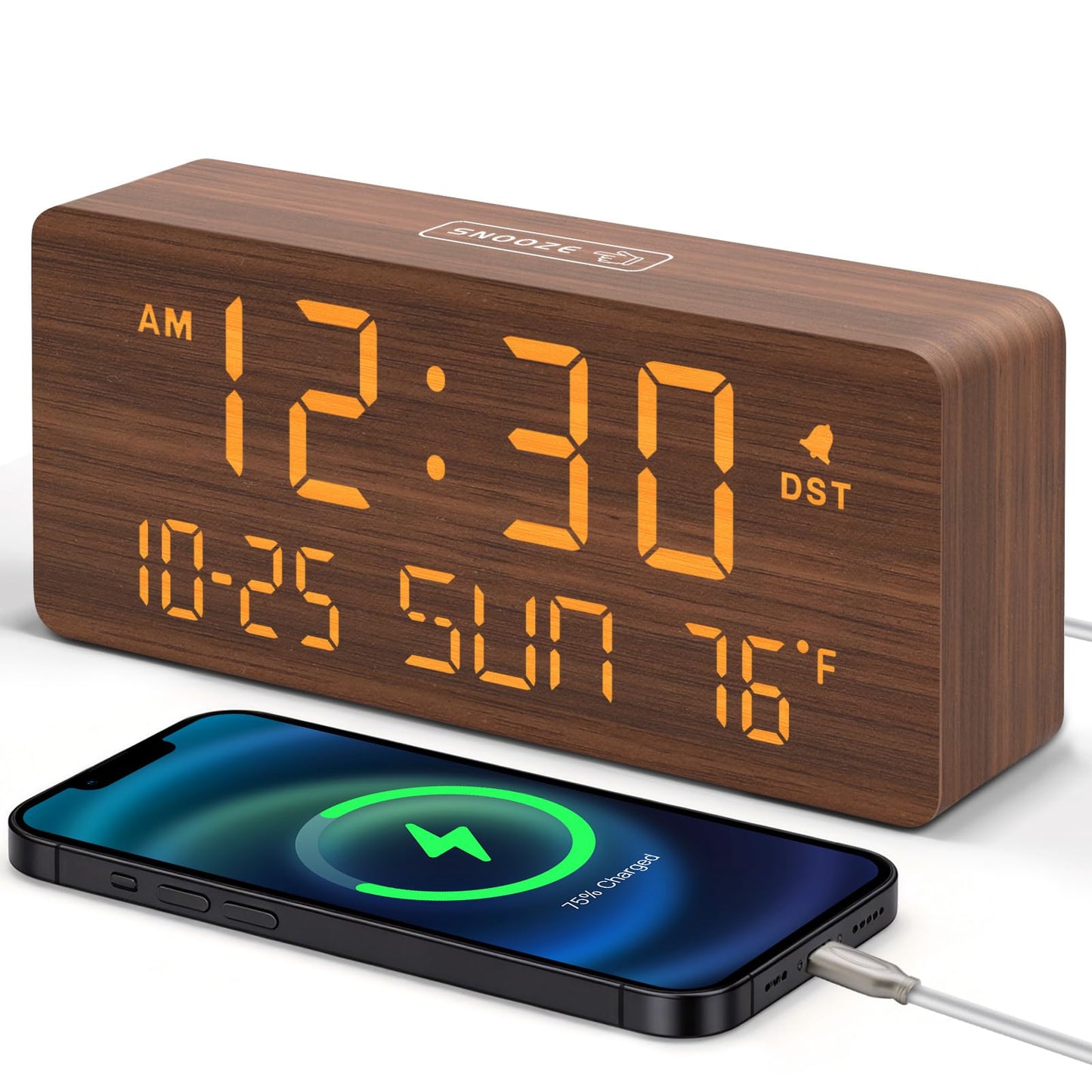 DreamSky Wooden Digital Alarm Clocks for Bedrooms - Living Room Desk Clock with Date and Day of Week, Temperature, USB Port, Dimmer Wheel, Adjustable Volume, Auto DST, Wood Decor for Office Table