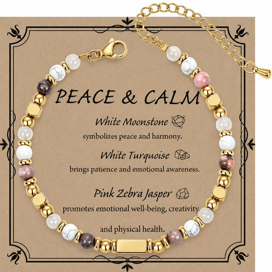 QINJIEJIE Peace Calm Bracelet for Women Moonstone Turquoise Pink Zebra Jasper Stone Healing Crystal Jewelry Spiritual Gifts for Friends Daughter Mom 6.7+1.9 Inches