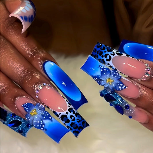 Curved Press on Nail Extra Long Square Fake Nails Blue Full Cover Rhinestones Leopard Print Flower designs French Tip Press ones Glossy Reusable Curve Glue on Nails for Women Girls Manicure24pcs