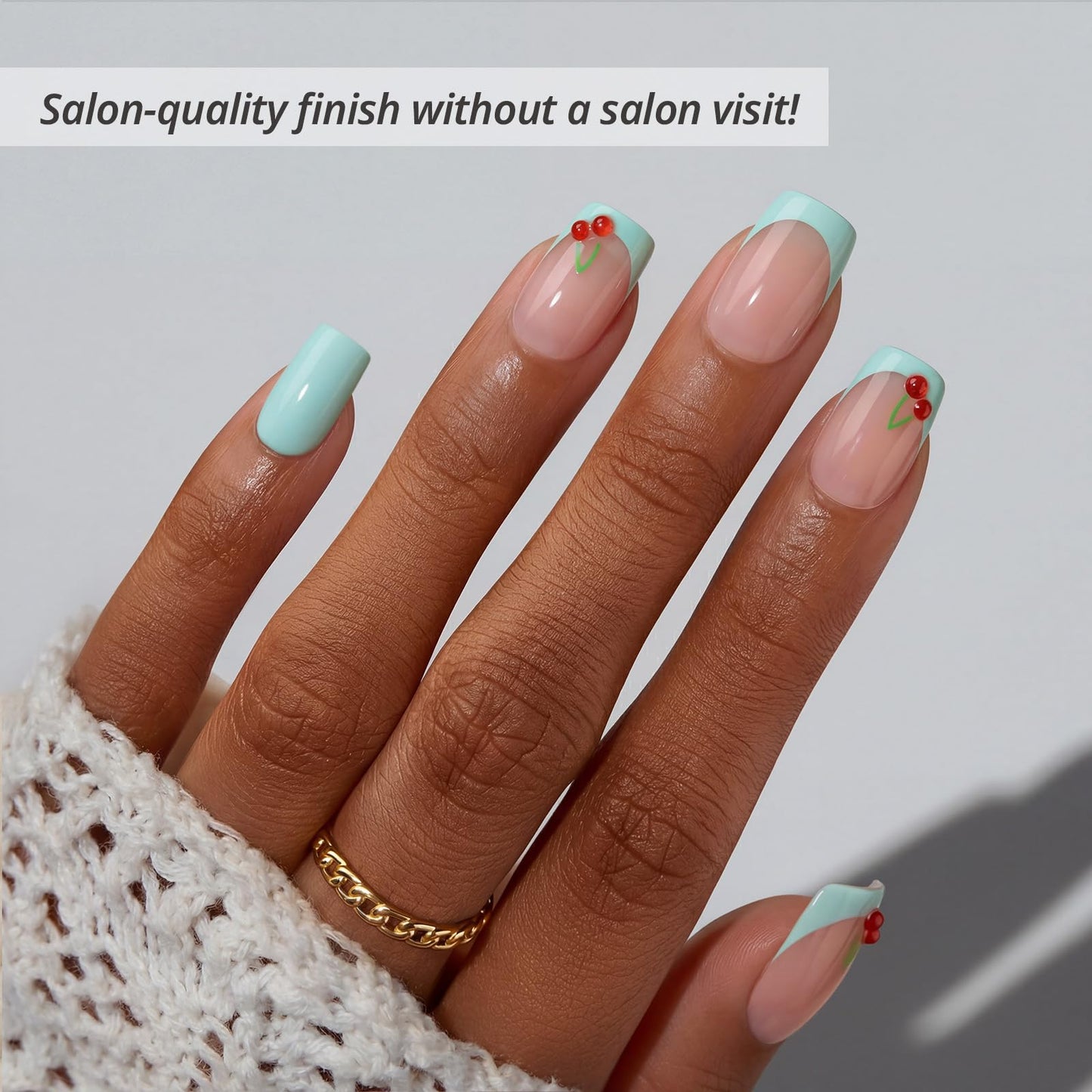 BTArtbox French Tip Press On Nails - Berry Pail, Easy-to-Apply Mint Green Short Square Press On Nails with Glue and Adhesive Tabs in 16 Sizes - 32 Nails All-in-One Kit