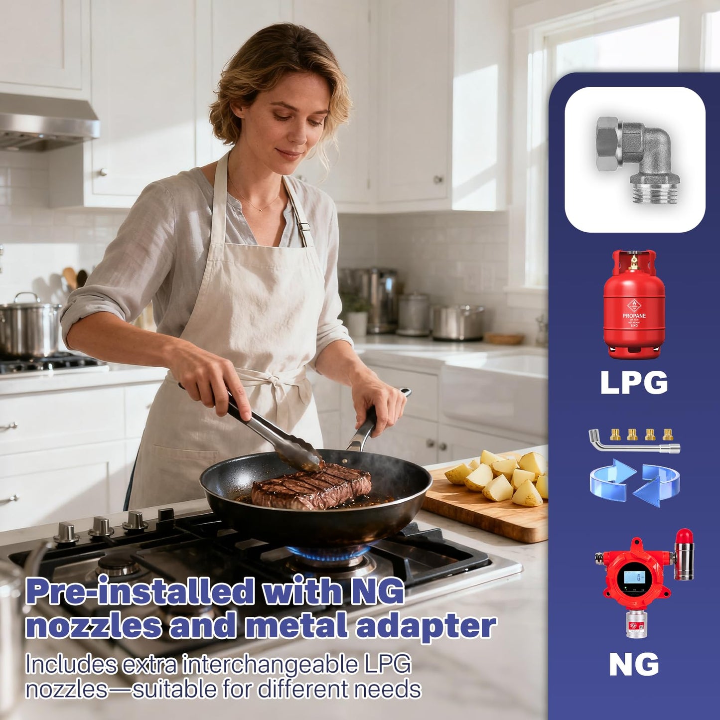 Nardea Gas Stove Top, 4 Burners LPG/NG Convertible Stainless Steel Gas Stove Top with Thermocouple Flameout Protection, Electric Ignition Built-in Countertop Hob for RV, Indoor & Outdoor Use