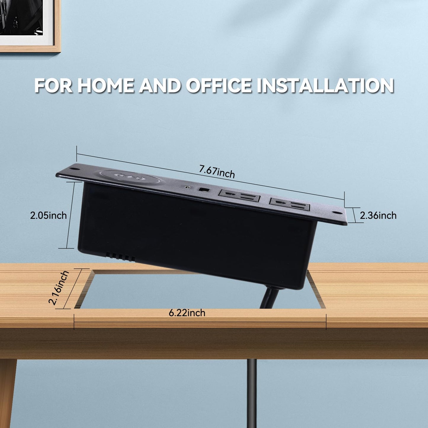 Recessed Power Strip with 15W Wireless Charger,Furniture Recessed Outlet with USB C Fast Charging,Desktop Charging Station & 2 Outlets,2 USB Ports Table Power Strip for Furniture, Home, Office.