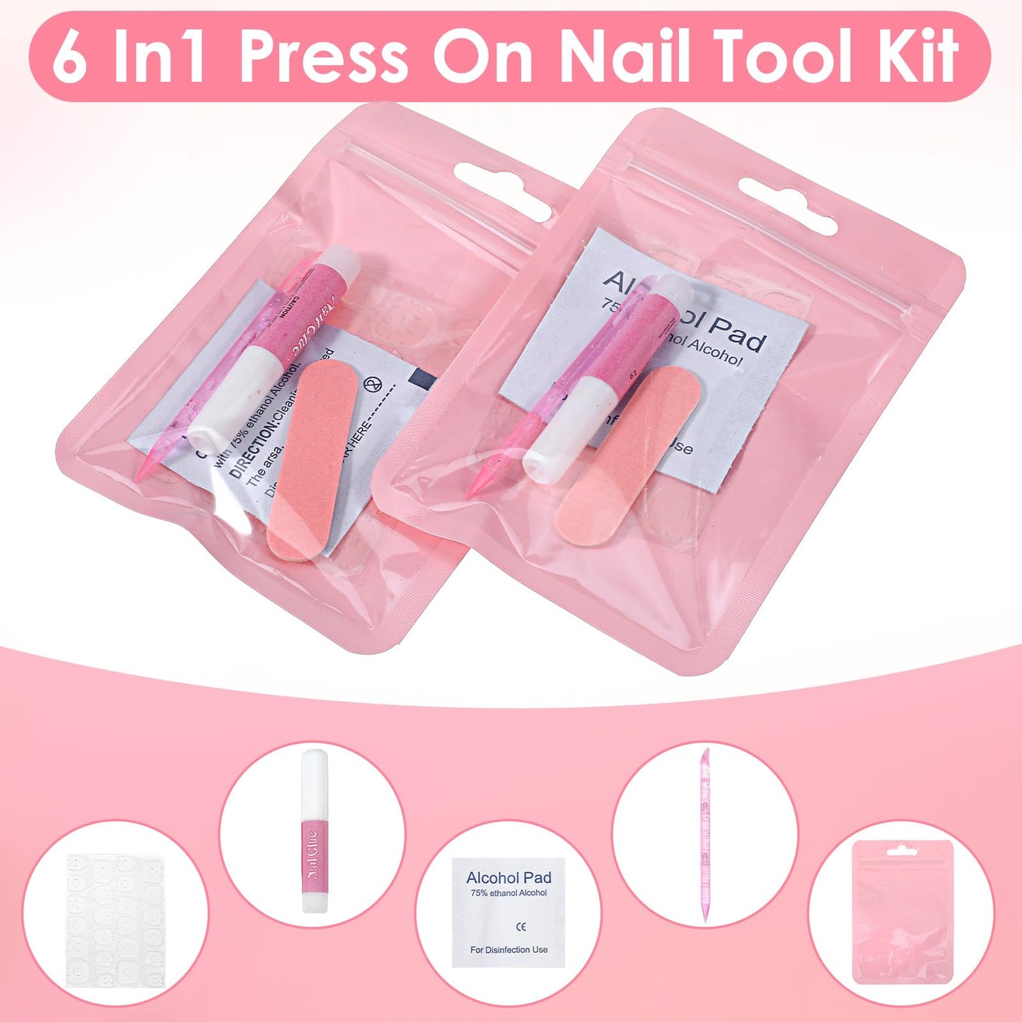 100 Pcs Pink Press On Nail Tool Kit for Business - Prep Application Disposable Kit with File, Glue, Prep Pads, Adhesive Tabs, Wood Stick, Holographic Bag