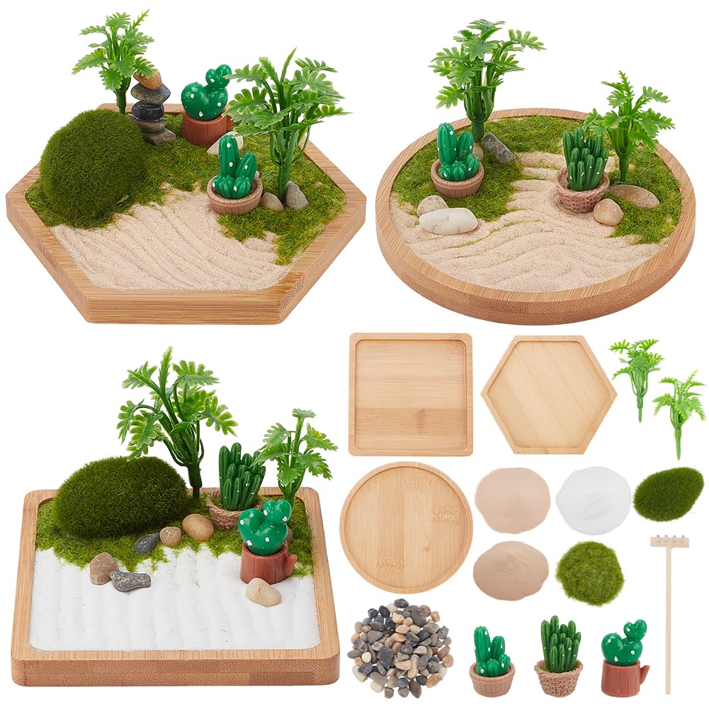 WEBEEDY 3 Sets Desert Zen Garden Kit Japanese Mini Zen Garden Sand Tray Kit for Desktop with Bamboo Tray Stones Rakes Accessories Cactus Desert Decor for Home Office Desktop Unique Gift,4/4.2/4.4 Inch