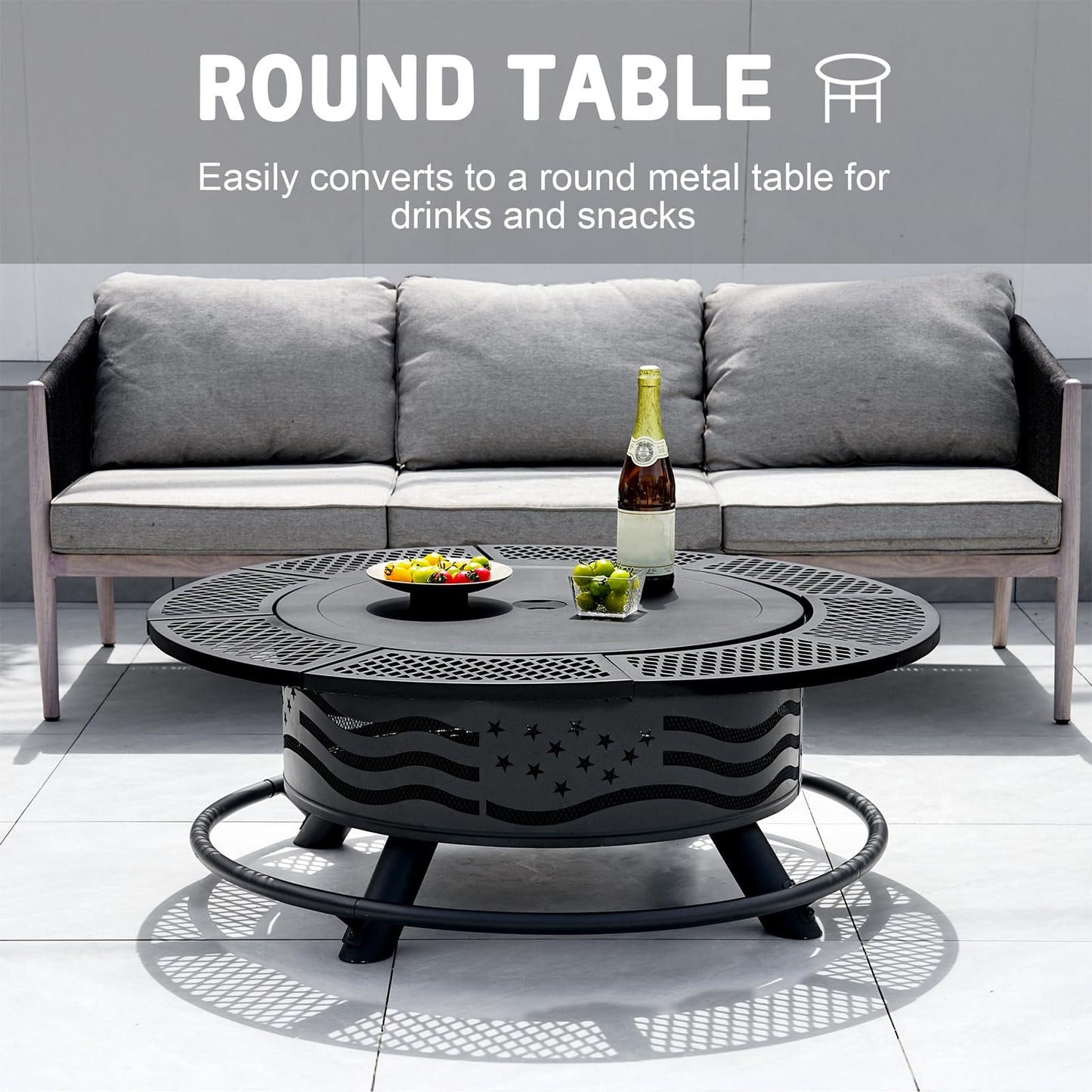 Panovue 42 Inch Fire Pit with 2 Cooking Grates, Outdoor Wood Burning BBQ Grill Firepit Bowl with Cover Lid, Steel Round Table for Backyard Bonfire Patio Picnic (Black, 42)