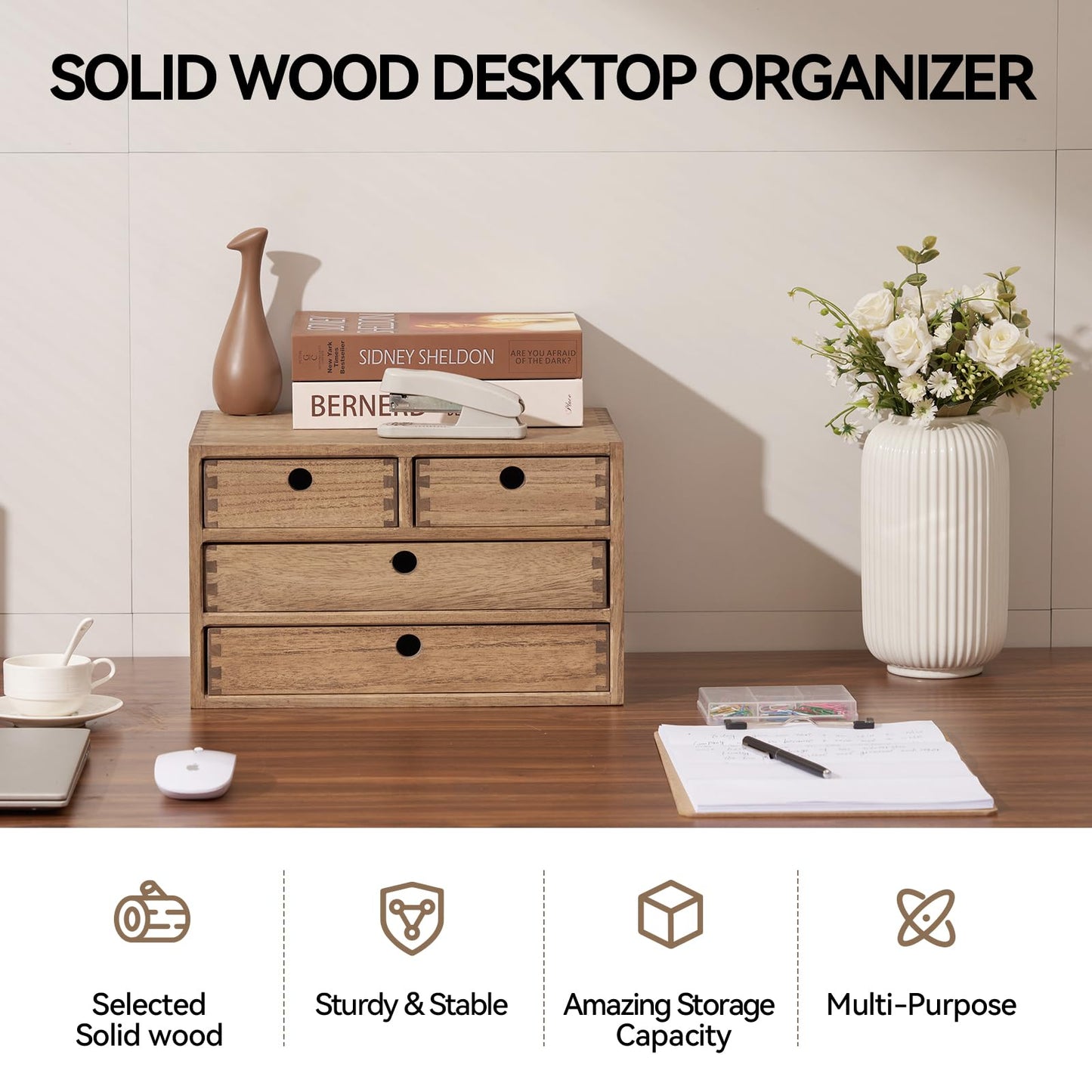 KIRIGEN Wood Desktop Storage Cabinet with 4 Drawers, 3-Tier Desk Organizer for Letter-Size Paper, Mail, Home Office Supplies, Makeup, Crafts, Desk or Countertop, Fully Assembled, Brown WJG34-DBR