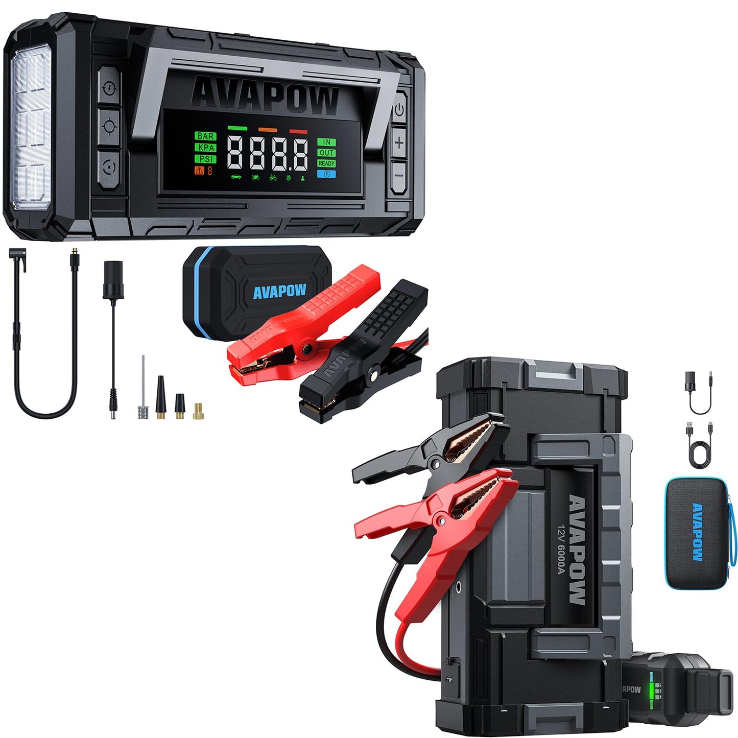 AVAPOW 5000A 150PSI Jump Starter Whit Air Compressor with 4″ HD Display & AVAPOW 6000A Car Battery Jump Starter for All Gas & Up to All Diesel Engines
