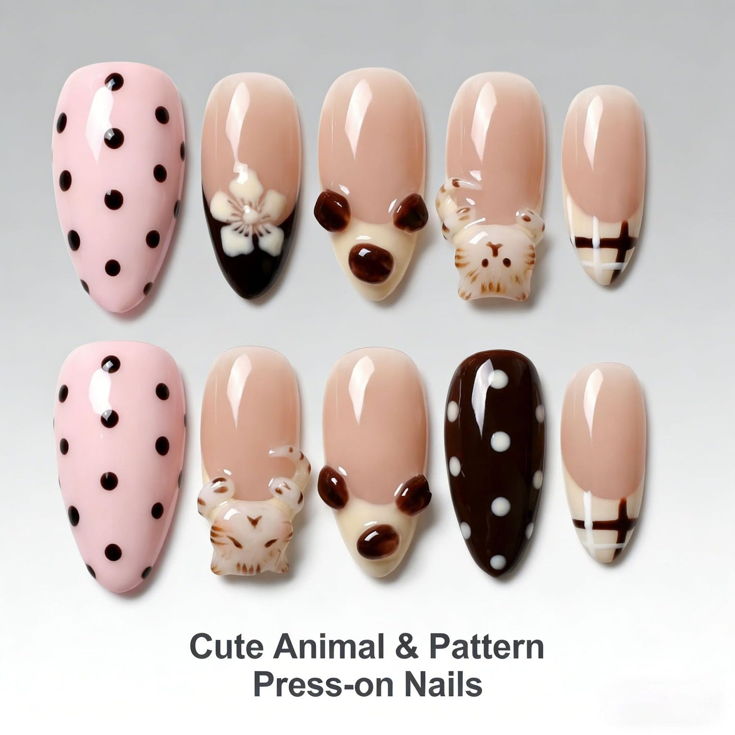 Handmade Press on Nails Almond Shape 3D Cute Glue on Nails for Women, Luxury Homemade Press on Nail Art Design, Fake Nails with 3D Nail Charms Size M 6