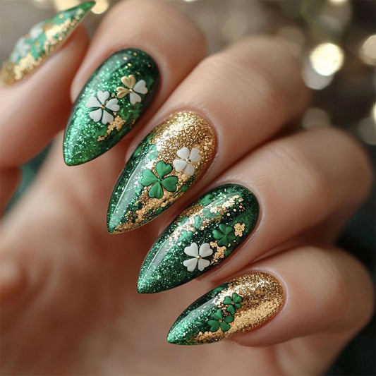 MISUD Press on Nails - Medium Almond Fake Nails with Shamrock, Acrylic Bling Green Gold Glitter Design 24 pcs