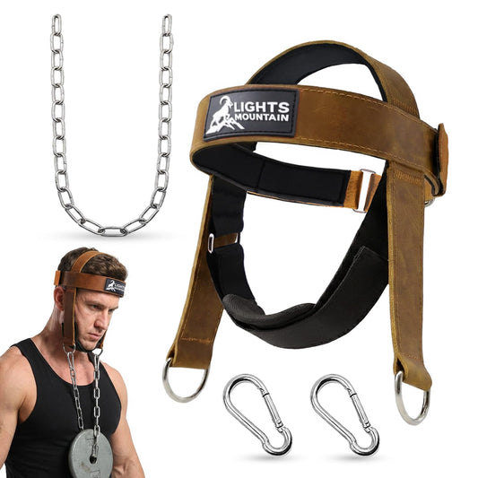 Lights Mountain Leather Neck Harness for Neck Strength Training, Adjustable Head Harness with Steel Chain & Carabiners, Padded Genuine Leather Head Strap for Gym & Home Workouts
