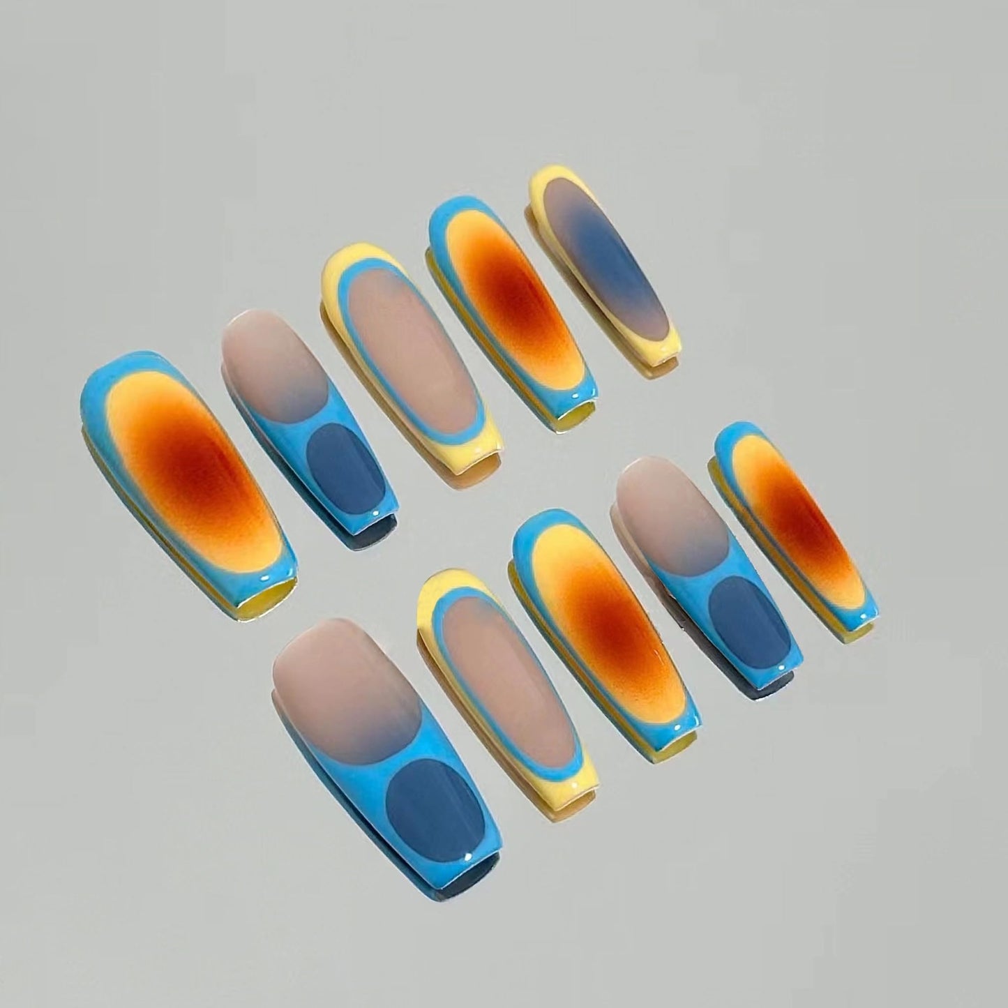 MERVF Coffin Press on Nails Long Fake Nails Blue Gradient French Tip Glue ons Nail Aura Acrylic Ballerina Summer Sunsest Design Manicure Glossy 24pcs