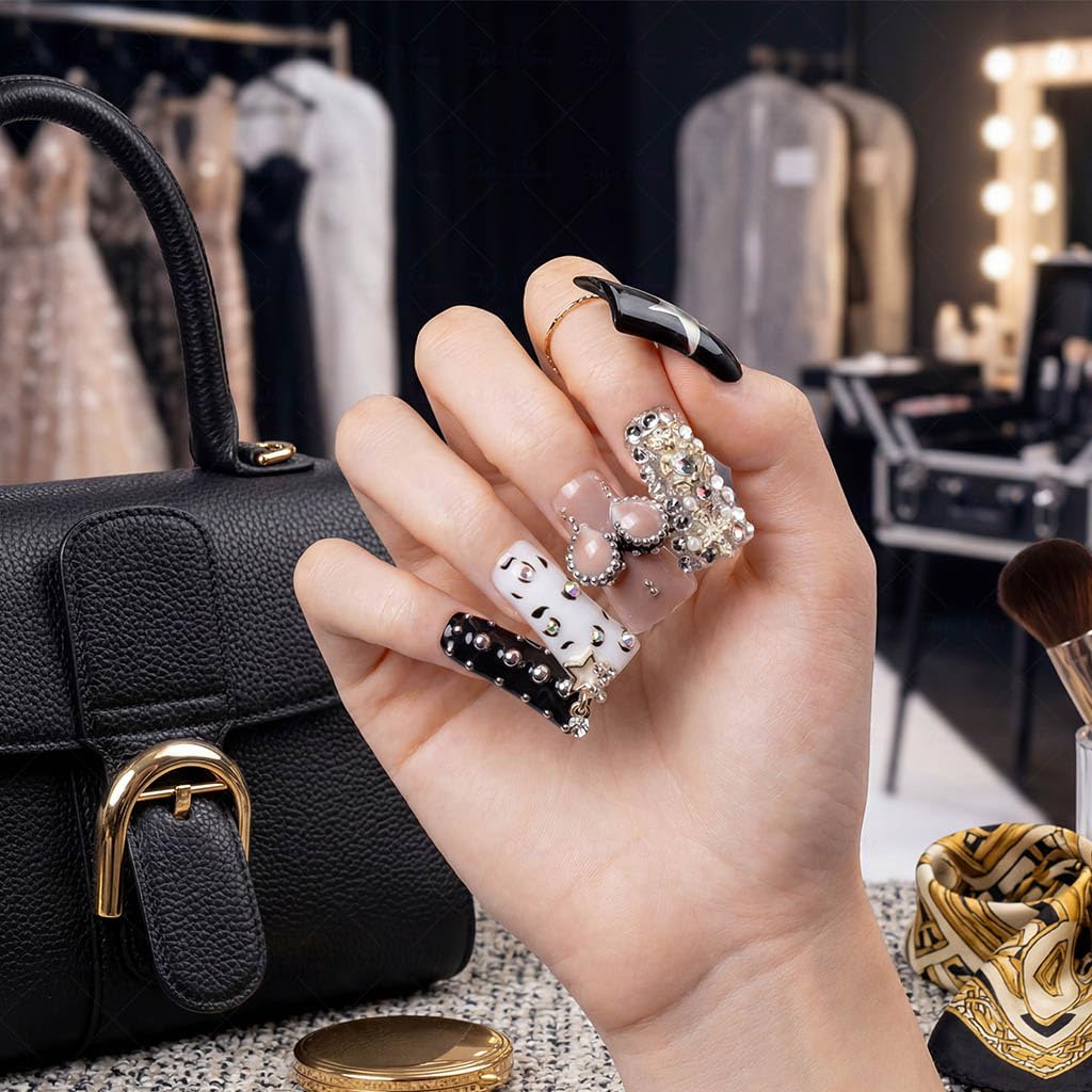 IntoVibes 10 Pieces Luxury Acrylic Press On Nails Long Handmade Duck Nails, White And Black Thickened False Nails, Exaggerated Lips And 3D Dollar Sign, Reusable Fake Nails, Acrylic Nails (L)