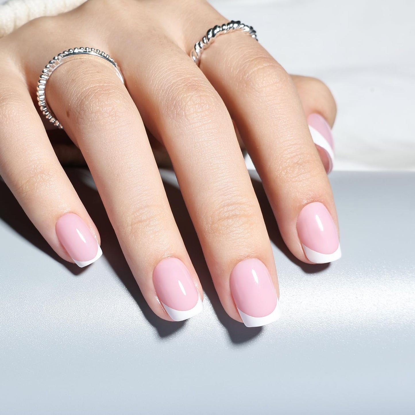 Leefrei French Tip Press On Nails - Short Square Press on Nails Pink White Tips Nails Press Ons for Women Fake Nails with Glue, Glossy Reusable Glue on Nail in 15 Sizes - 30pcs, Dusty Lavender