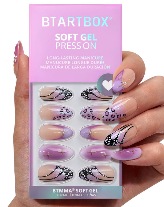 BTArtbox Press On Nails Medium - 3D Purple Butterfly French Tip Almond Press On Nails with Glue for Women, Opaque Soft Gel Glue On Nails in 15 Sizes - 30 Stick On Nails Kit, Flutter Besties