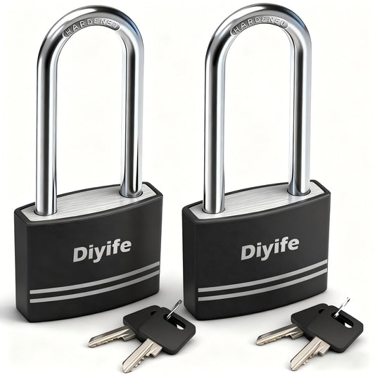 Diyife Padlock with Key, [2 Pack] [Waterproof] Lock with Key, Long Shackle Padlocks for Outdoor Anti-Rust, Small Covered Aluminum Padlock with 4 Alike Keys for Gym Locker, Fence, Shed