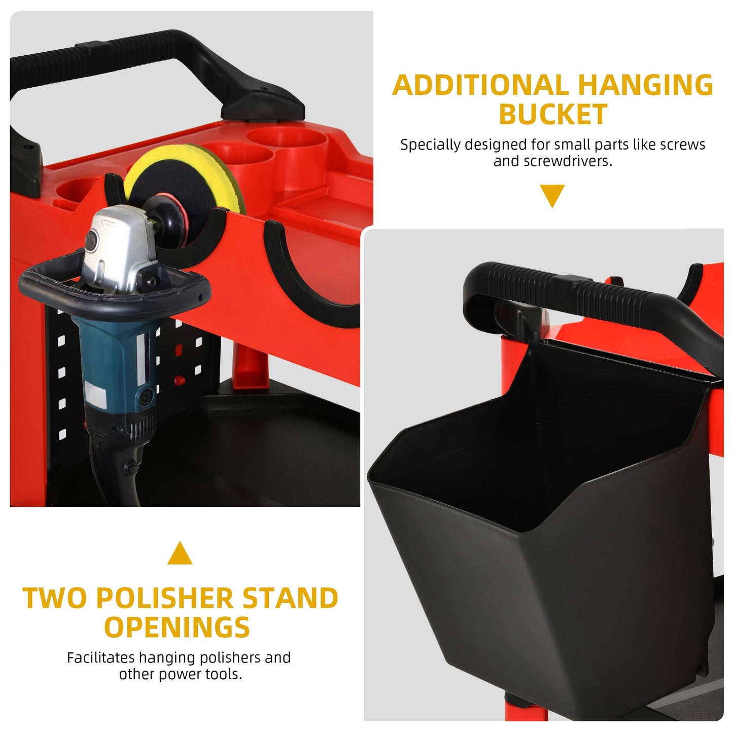 DWVO Auto Detailing Cart with Wheels, 3-Tier Rolling Tool Organizer with 2 Polisher Brackets, 17" D x 32" W Car Wash Utility Cart with Hooks & Hanging Bucket for Garage, Workshop, DIY Home