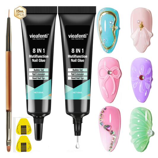 vieafenti 3D Sculpting Builder Gel Nail Art Kit - All In One Formula for Extensions, Sculpture, Designs, Chrome Powder, Rhinestones - Soak Off with UV/LED Lamp for Salon Home DIY